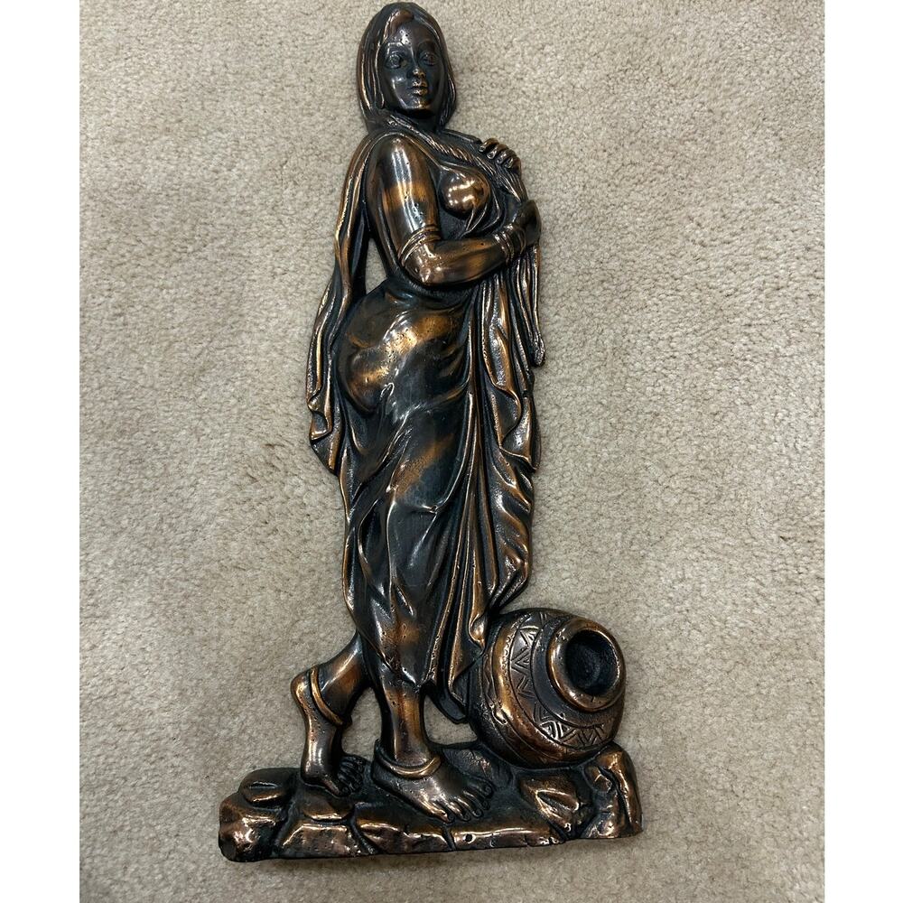 Vintage Indian woman wall plaque relief art Matka water carrier bronze tone